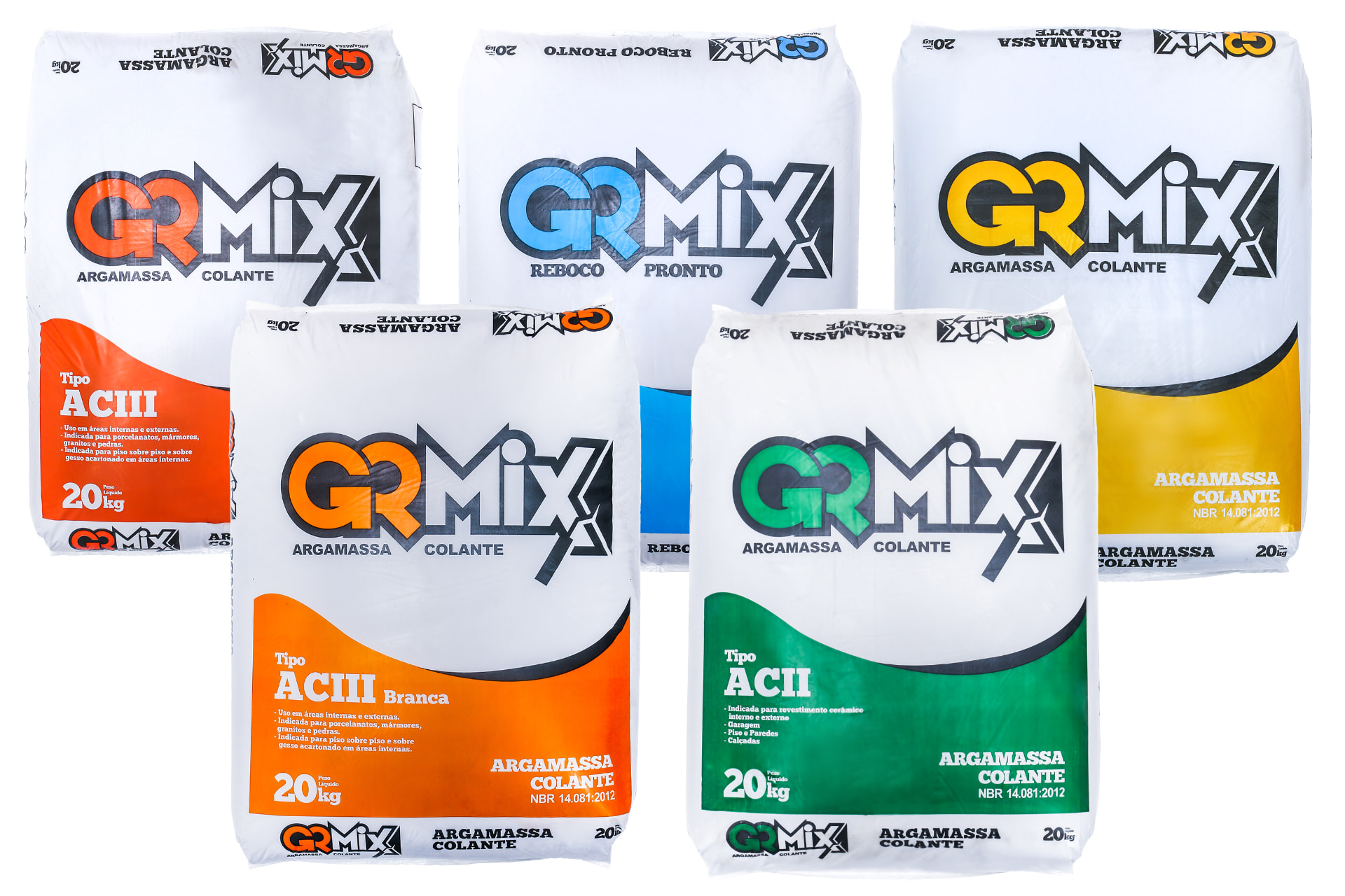 Sacos de argamassa colante GRMIX ACII, ACIII e reboco pronto